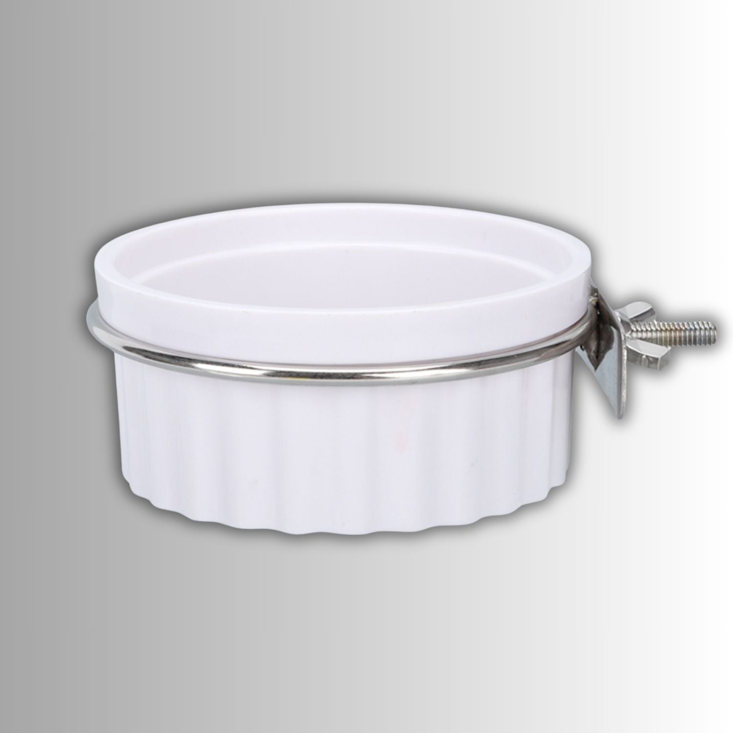 vogelvoeder set witte ronde voederbak aan kooi